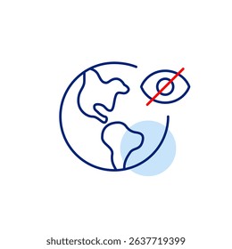 Vector icon of earth with crossed-out eye, symbolizing hidden location, private browsing, or invisible global access. Ideal for web browsers, privacy tools, and geo-restriction settings