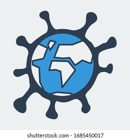 Vector icon of Earth globe covered and surrounded by virus bacteria. It represents a concept of pandemic danger, medical protection, self isolation, health safety and virus quarantine