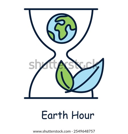  Vector icon for Earth Hour. Features an hourglass with the Earth and leaves, symbolizing time-sensitive environmental awareness and conservation.