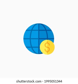 Icono vector de la tierra y el dinero en estilo plano. Se puede usar para propósitos de medios sociales, presentaciones, sitios web, negocios y más.