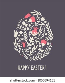 vector Icon Easter card with egg  flowers texture. Text: Happy Easter!
