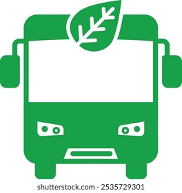 Icono de Vector del Transporte Eco Friendly. Este icono ilustra un autobús con símbolos ecológicos, que representa opciones de transporte público sostenibles.