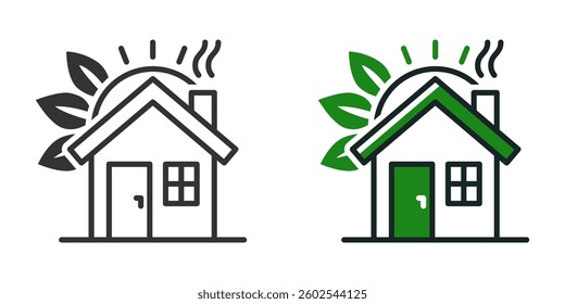 Vector icon of eco house with sun and green leaves.