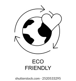 Vector icon for Eco-Friendly. Icon of the Earth with a heart and recycling arrows, symbolizing eco-friendly and sustainable products.
