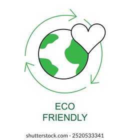Vector icon for Eco-Friendly. Icon of the Earth with a heart and recycling arrows, symbolizing eco-friendly and sustainable products.