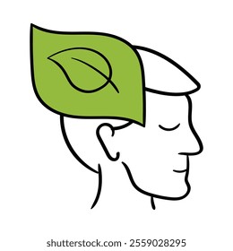 Vector icon for Eco-Friendly Mindset. A human profile with a leaf symbolizing environmental awareness and mindfulness.