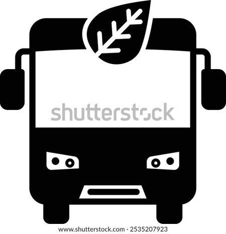 Vector icon of eco-friendly transportation with a bus and leaf symbol. Black and white design depicting a bus with a leaf on top, symbolizing sustainable public transport and green transportation.