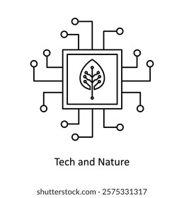  Vector icon for Eco-Tech Innovation. Depicts a leaf and tech nodes representing sustainable technological advancements.