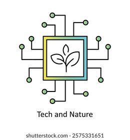 Vector icon for Eco-Tech Innovation. Depicts a leaf and tech nodes representing sustainable technological advancements.