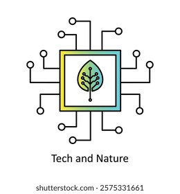 Vector icon for Eco-Tech Innovation. Depicts a leaf and tech nodes representing sustainable technological advancements.