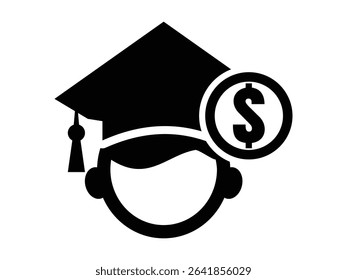 Vector icon of education fund, combining graduation cap, coin, and dollar symbol. Ideal for finance apps, tuition planning, school websites, and academic investment illustrations.