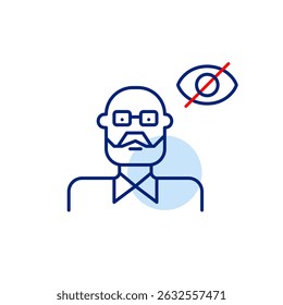 Vector icon of elderly man with crossed-out eye, symbolizing hidden identity, private status, or protected privacy. Ideal for healthcare apps, social platforms, and privacy settings