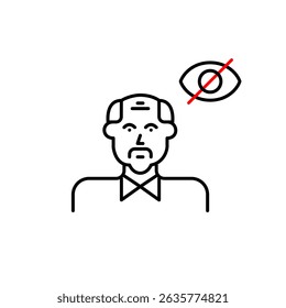 Vector icon of elderly man with crossed-out eye, symbolizing hidden identity, private status, or protected privacy. Ideal for healthcare apps, social platforms, privacy settings