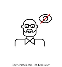 Vector icon of elderly man with crossed-out eye, symbolizing hidden identity, private status, or protected privacy. Ideal for healthcare apps, social platforms, privacy settings