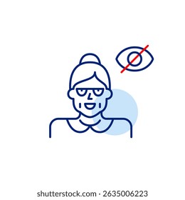 Vector icon of elderly woman with crossed-out eye, symbolizing hidden identity, private status, or protected privacy. Ideal for healthcare apps, social platforms, and privacy settings