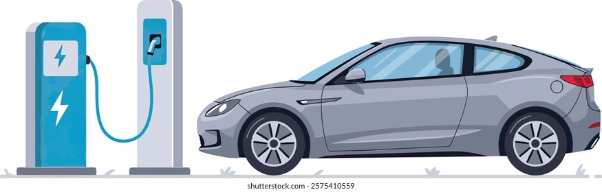 Vector icon: electric car charging at a charging station with a charger.