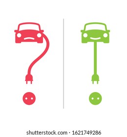 Vector icon electric car shaped  symbol ? and !. Isolated on white background.
