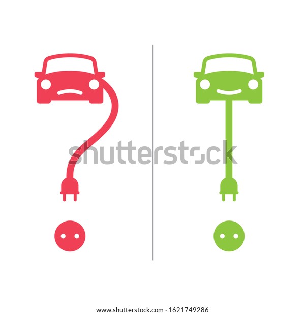 Vector icon electric car shaped  symbol ? and\
!. Isolated on white\
background.