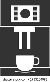 Vector icon of an electric coffee maker with a coffee mug. Black illustration isolated on a white background for graphics and web design.