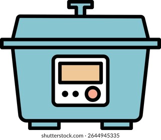Vector icon of an electric cooking pot – blue kitchen appliance with digital control panel, hand-drawn style illustration isolated on white background, perfect for cooking and kitchen design projects