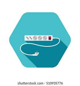 Vector icon of electric extension cord with different outlets on the turquoise hexagon background.