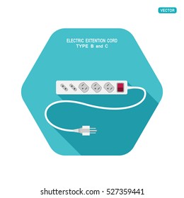 Vector icon of electric extension cord with different outlets by type B and C on the turquoise hexagon background with shadow.