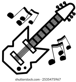 Vector icon of an electric guitar with music notes around the guitar