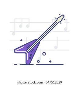 Vector icon of an electric guitar on white background with notes. Musical instruments topic. 