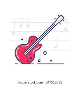 Vector icon of an electric guitar on white background with notes. Musical instruments topic. 