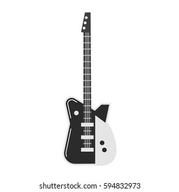 Vector icon of an electric guitar on white background with notes. Musical instruments topic. 