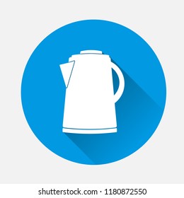 Vector icon of an electric kettle on blue background. Flat image kettle with long shadow. Layers grouped for easy editing illustration. For your design.