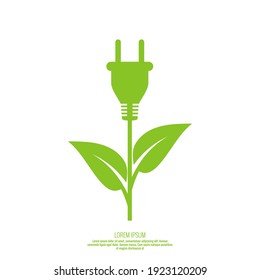 Vector icon of electric plug with green leaves. Green renewable innovative energy concept. Isolated illustration on a white background.