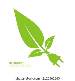 Vector icon of electric plug with green leaves. Green renewable innovative energy concept. Isolated illustration on a white background.