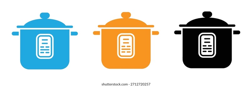 Vektorsymbol des Elektrodruckkochers. Multi-Cooker-Vektordesign. Multi-Cooker-Symbol in Farbe, Elektro-Druck-Cooker-Symbol setzen schwarz und blau. einzeln auf weißem Hintergrund.