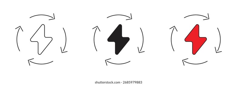 Ícone vetorial de reutilização de eletricidade. Gestão da eletricidade. Eletricidade reciclada. Economia circular. Recursos renováveis.