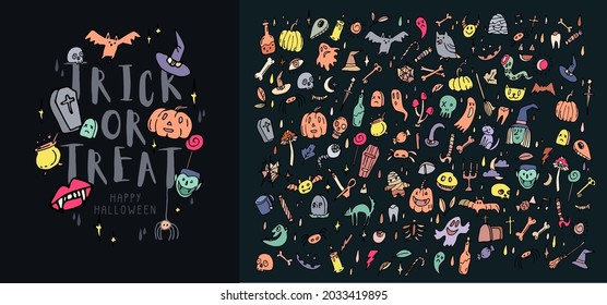 Vector icon and element collection for Halloween greeting card and poster, party sign. Concept illustration with Sign and symbol. Flat design cartoon