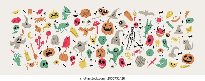 Vector icon and element collection for Halloween greeting card and poster, party sign. Concept illustration with Sign and symbol. Flat design cartoon