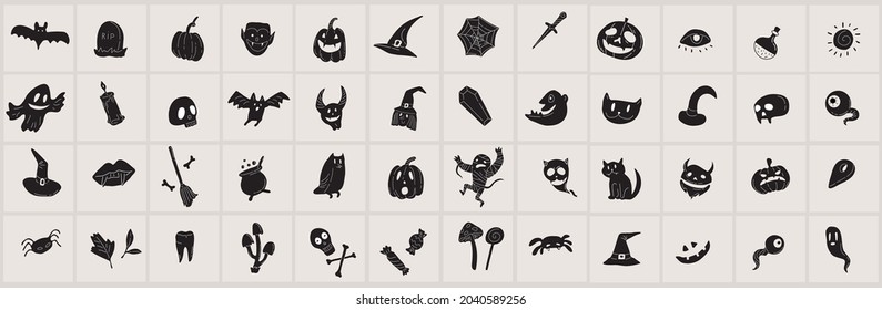 Vector icon and element collection for Halloween greeting card and poster, party sign. Concept illustration with Sign and symbol. Flat design cartoon