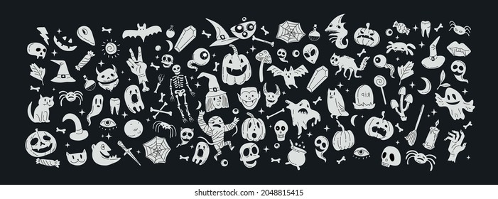 Vector icon and element collection for Halloween greeting card and poster, party sign. Concept illustration with Sign and symbol. Flat design cartoon