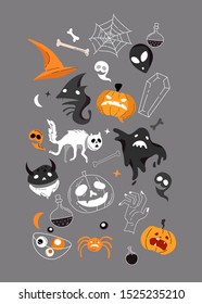 Vector icon and element collection for Helloween greeting card and poster, party sign. Concept illustration with Sign and symbol. Flat design cartoon element.