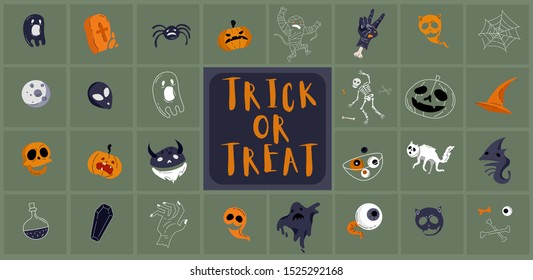 Vector icon and element collection for Helloween greeting card and poster, party sign. Concept illustration with Sign and symbol. Flat design cartoon element.