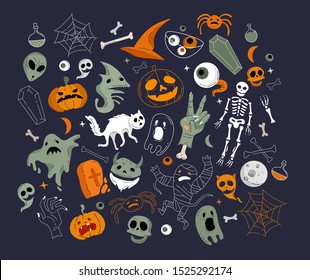 Vector icon and element collection for Helloween greeting card and poster, party sign. Concept illustration with Sign and symbol. Flat design cartoon element.