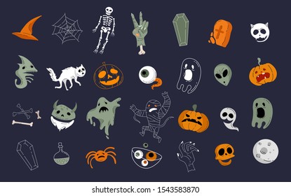 Vector icon and element collection for Helloween greeting card and poster, party sign. Concept illustration with Sign and symbol. Flat design cartoon element.