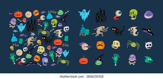 Vector icon and element collection for Helloween greeting card and poster, party sign. Concept illustration with Sign and symbol. Flat design cartoon element.