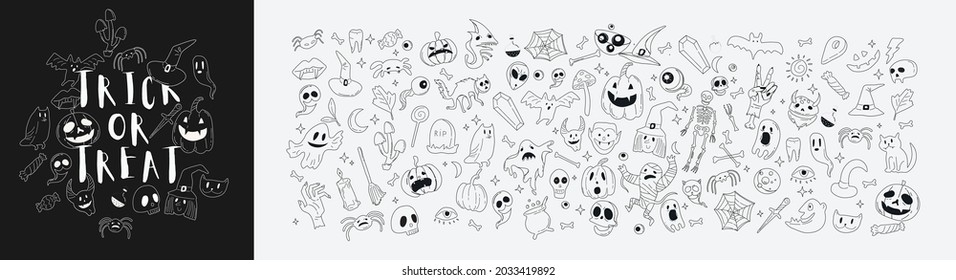 Vector icon and element collection for Helloween greeting card and poster, party sign. Concept illustration with Sign and symbol. Flat design cartoon