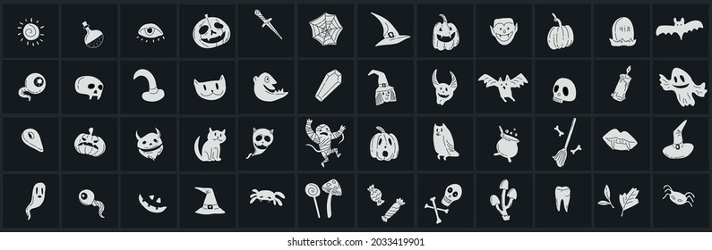 Vector icon and element collection for Helloween greeting card and poster, party sign. Concept illustration with Sign and symbol. Flat design cartoon