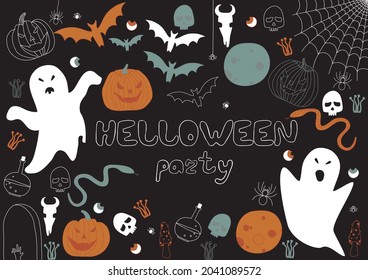 Vector icon and element collection for Helloween greeting card and poster, party sign. Concept illustration with Sign and symbol. Flat design cartoon element. Hand drawn vector illustration.