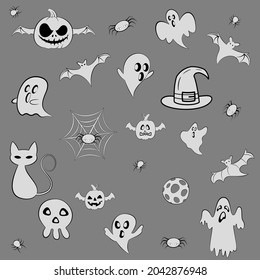 Vector icon and element collection for Helloween greeting card and poster, party sign. Concept illustration with Sign and symbol. Flat design cartoon