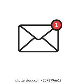 Vector icon: Email icon with a notification badge on a white background