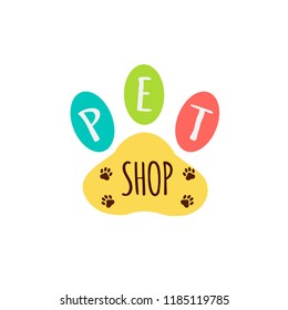 Vector icon, emblem logo, label design elements for pet shop, zoo shop, pets care and goods for animals.  Lettering in paw shape. Pet shop concept.